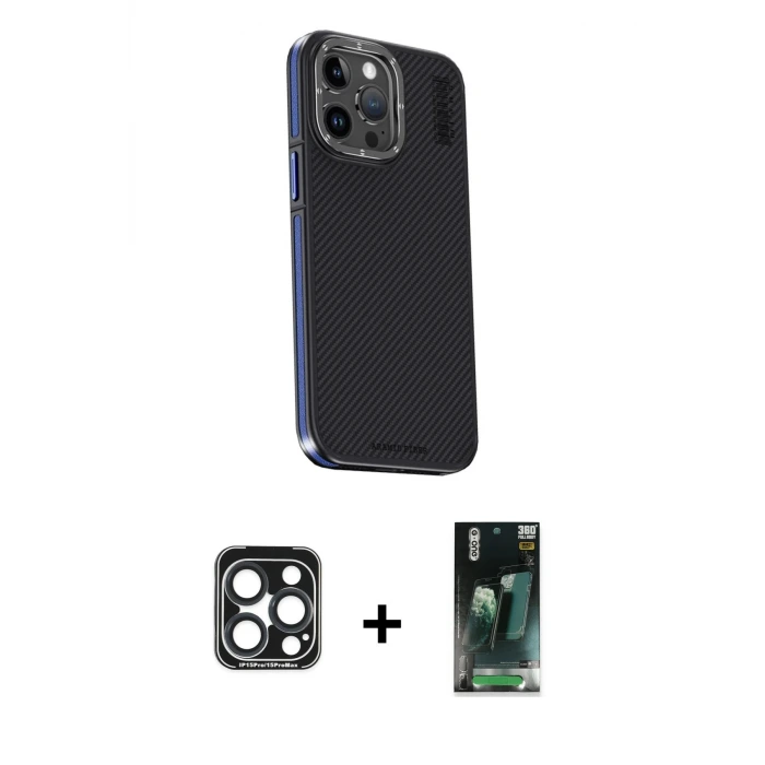 ieg™ iPhone 15 Pro Max Kılıf Kıvılcım Modern Özel Seri - Siyah 360 Mat Full Body Arka Koruyucu + PVD Metal Kamera Lens - LT