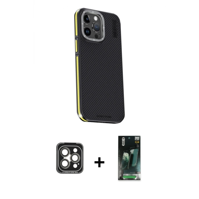ieg™ iPhone 15 Pro Max Kılıf Kıvılcım Modern Özel Seri - Siyah 360 Mat Full Body Arka Koruyucu + PVD Metal Kamera Lens - GI