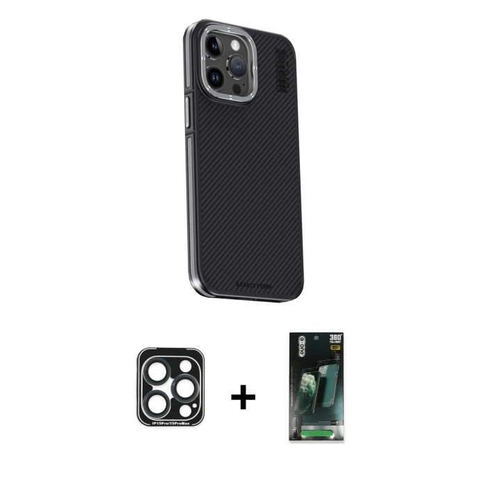 ieg™ iPhone 15 Pro Max Kılıf Kıvılcım Modern Özel Seri - Siyah 360 Mat Full Body Arka Koruyucu + PVD Metal Kamera Lens - LT