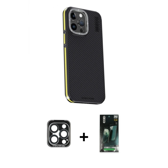 ieg™ iPhone 15 Pro Max Kılıf Kıvılcım Modern Özel Seri - Siyah 360 Mat Full Body Arka Koruyucu + PVD Metal Kamera Lens - LT