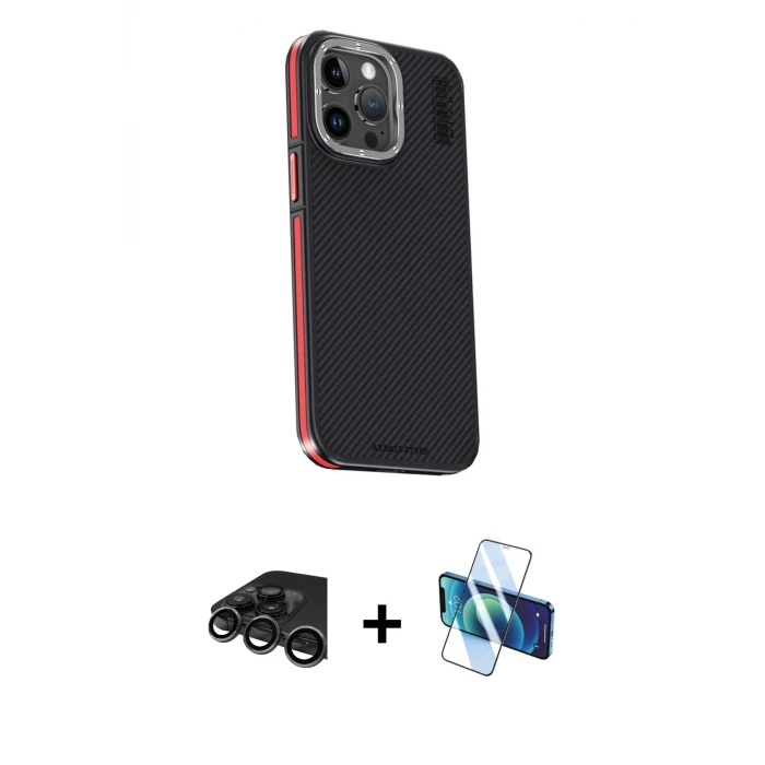 ieg™ iPhone 15 Pro Max Kılıf Kıvılcım Modern Özel Seri - Siyah 3D Antistatik Seramik Nano Ekran Koruyucu + Raze Metal Kamera Lens - TMGI