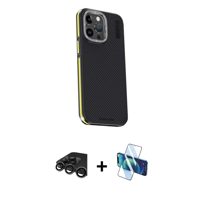 ieg™ iPhone 15 Pro Max Kılıf Kıvılcım Modern Özel Seri - Siyah 3D Antistatik Seramik Nano Ekran Koruyucu + Raze Metal Kamera Lens - TMGI