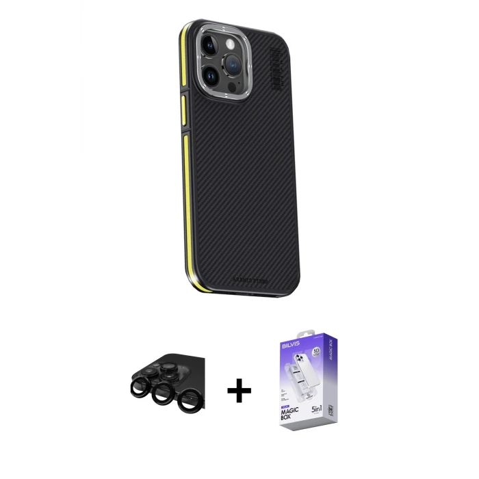 ieg™ iPhone 15 Pro Max Kılıf Kıvılcım Modern Özel Seri - Siyah Bilvis 5in1 3D Magic Cam Ekran Koruyucu + Raze Metal Kamera Lens - SH