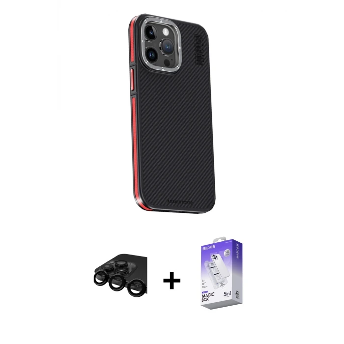ieg™ iPhone 15 Pro Max Kılıf Kıvılcım Modern Özel Seri - Siyah Bilvis 5in1 3D Magic Cam Ekran Koruyucu + Raze Metal Kamera Lens - SH