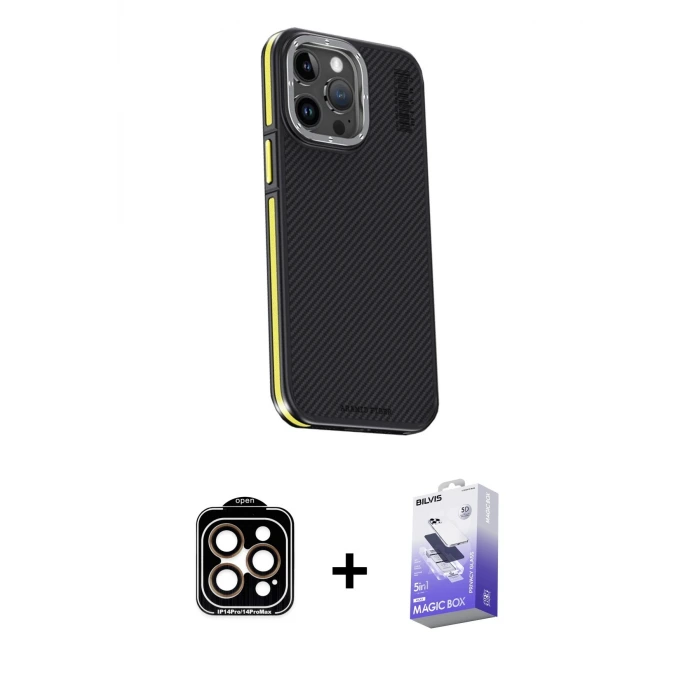 ieg™ iPhone 15 Pro Max Kılıf Kıvılcım Modern Özel Seri - Siyah Bilvis 5in1 5D Magic Hayalet Cam Ekran Koruyucu + PVD Metal Kamera Lens - TU