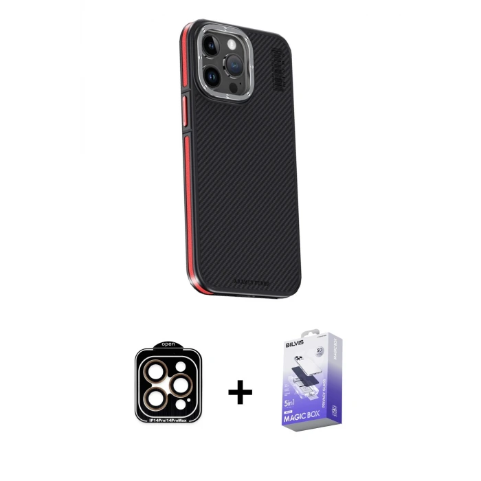 ieg™ iPhone 15 Pro Max Kılıf Kıvılcım Modern Özel Seri - Siyah Bilvis 5in1 5D Magic Hayalet Cam Ekran Koruyucu + PVD Metal Kamera Lens - TU