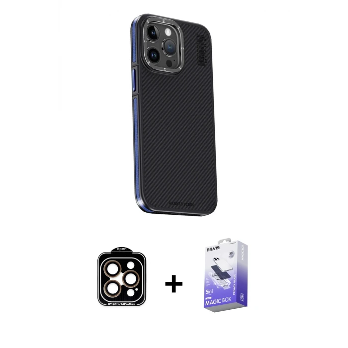 ieg™ iPhone 15 Pro Max Kılıf Kıvılcım Modern Özel Seri - Siyah Bilvis 5in1 5D Magic Hayalet Cam Ekran Koruyucu + PVD Metal Kamera Lens - TU