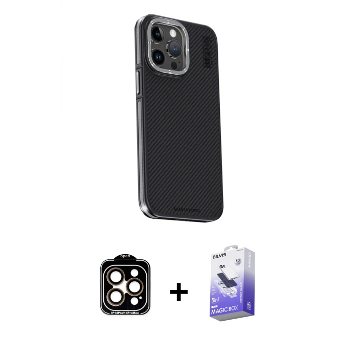 ieg™ iPhone 15 Pro Max Kılıf Kıvılcım Modern Özel Seri - Siyah Bilvis 5in1 5D Magic Hayalet Cam Ekran Koruyucu + PVD Metal Kamera Lens - TU