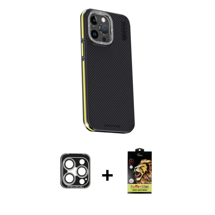 ieg™ iPhone 15 Pro Max Kılıf Kıvılcım Modern Özel Seri - Siyah Buffer Cam Ekran Koruyucu + PVD Metal Kamera Lens - GS