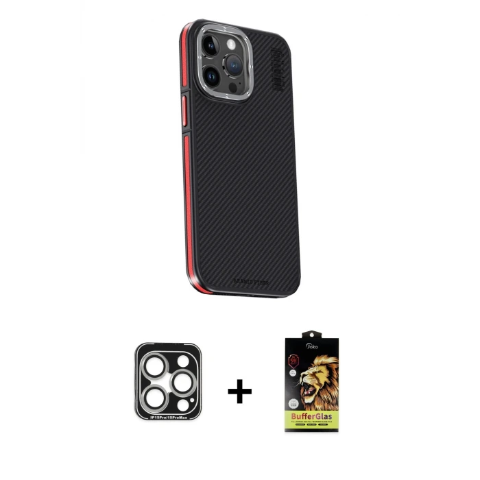 ieg™ iPhone 15 Pro Max Kılıf Kıvılcım Modern Özel Seri - Siyah Buffer Cam Ekran Koruyucu + PVD Metal Kamera Lens - GS