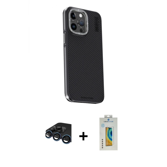 ieg™ iPhone 15 Pro Max Kılıf Kıvılcım Modern Özel Seri - Siyah Polymer Nano Ekran Koruyucu + Raze Metal Kamera Lens - LT