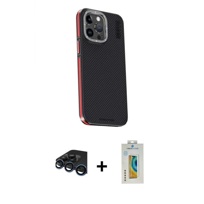 ieg™ iPhone 15 Pro Max Kılıf Kıvılcım Modern Özel Seri - Siyah Polymer Nano Ekran Koruyucu + Raze Metal Kamera Lens - LT