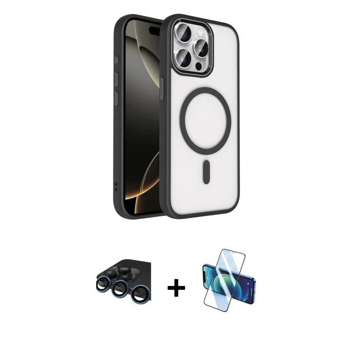 ieg™ iPhone 15 Pro Max Kılıf Kıvılcım Prime - Siyah 3D Antistatik Seramik Nano Ekran Koruyucu + Raze Metal Kamera Lens - LT