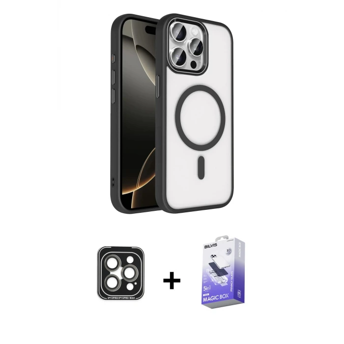 ieg™ iPhone 15 Pro Max Kılıf Kıvılcım Prime - Siyah Bilvis 5in1 5D Magic Hayalet Cam Ekran Koruyucu + PVD Metal Kamera Lens - GI