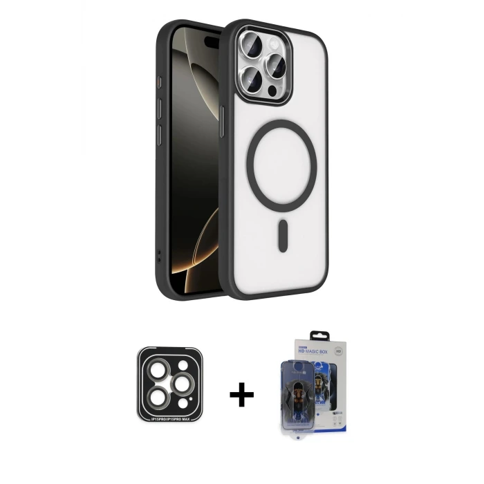 ieg™ iPhone 15 Pro Max Kılıf Kıvılcım Prime - Siyah Vanessa Magic Cam + PVD Metal Kamera Lens - GI