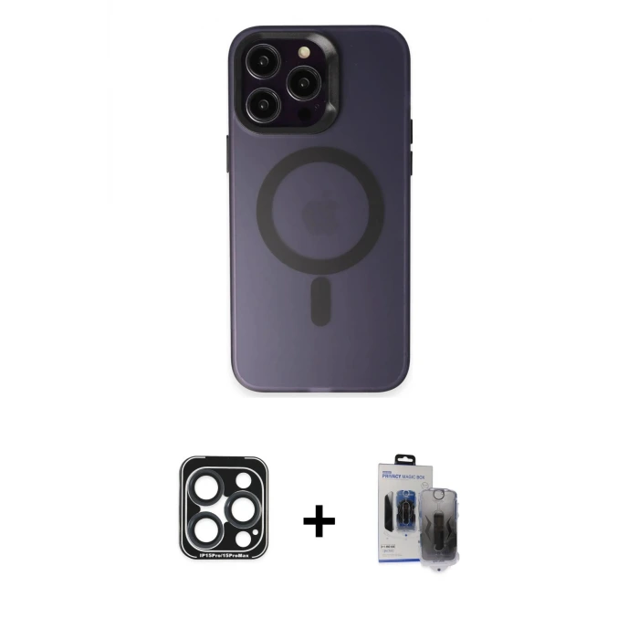 ieg™ iPhone 15 Pro Max Kılıf Kozmos Çizgi Prime - Siyah Vanessa Magic Hayalet Cam + PVD Metal Kamera Lens - LT