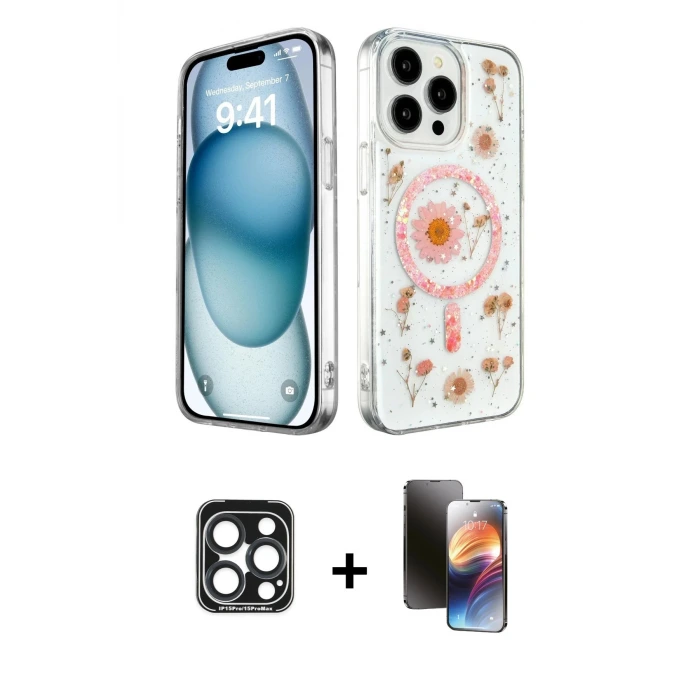 ieg™ iPhone 15 Pro Max Kılıf Kozmos Doku - Siyah 3D Antistatik Mat Seramik Nano Ekran Koruyucu + PVD Metal Kamera Lens - LT