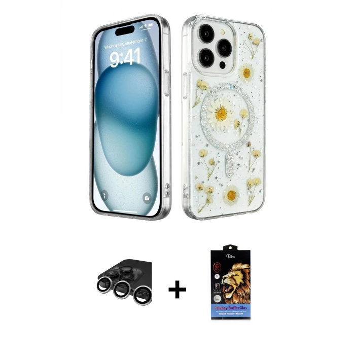 ieg™ iPhone 15 Pro Max Kılıf Kozmos Doku - Siyah Buffer Hayalet Cam Ekran Koruyucu + Raze Metal Kamera Lens - GS