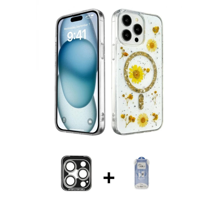 ieg™ iPhone 15 Pro Max Kılıf Kozmos Doku - Siyah Joko Magic 5D Cam + PVD Metal Kamera Lens - GS