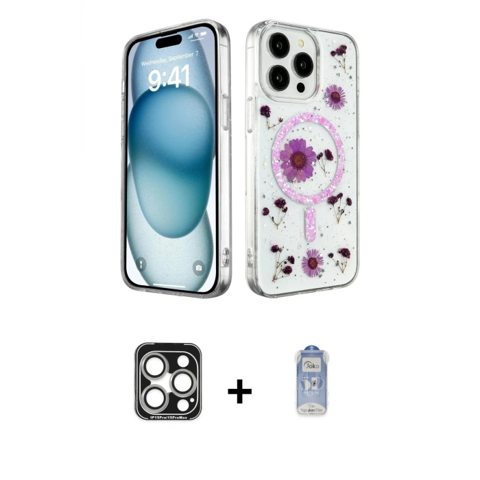 ieg™ iPhone 15 Pro Max Kılıf Kozmos Doku - Siyah Joko Magic 5D Cam + PVD Metal Kamera Lens - GS