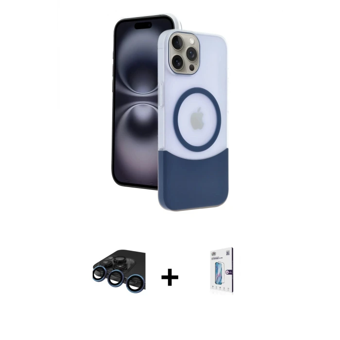 ieg™ iPhone 15 Pro Max Kılıf Kozmos Form Özel Seri - Siyah Bilvis 0.18mm Plus Cam Ekran Koruyucu + Raze Metal Kamera Lens - LT