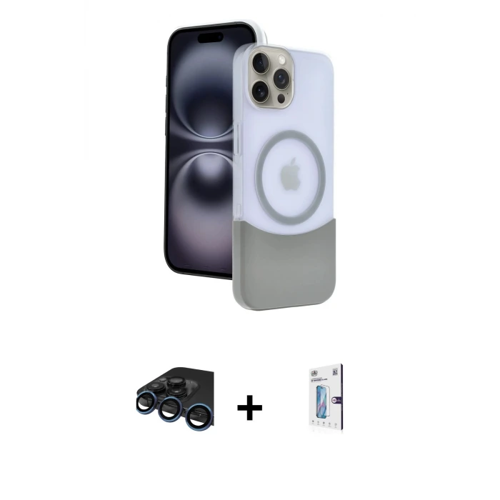 ieg™ iPhone 15 Pro Max Kılıf Kozmos Form Özel Seri - Siyah Bilvis 0.18mm Plus Cam Ekran Koruyucu + Raze Metal Kamera Lens - LT