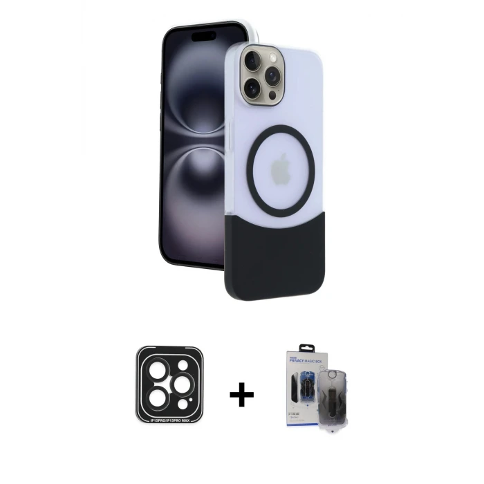 ieg™ iPhone 15 Pro Max Kılıf Kozmos Form Özel Seri - Siyah Vanessa Magic Hayalet Cam + PVD Metal Kamera Lens - SH