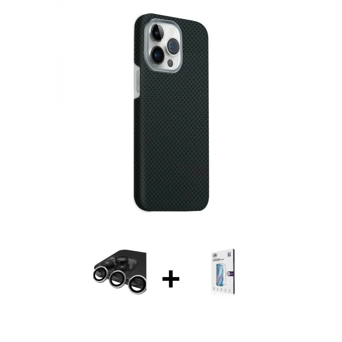 ieg™ iPhone 15 Pro Max Kılıf Kozmos Klasik Prime - Siyah Bilvis 0.18mm Plus Cam Ekran Koruyucu + Raze Metal Kamera Lens - GS