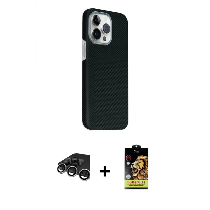 ieg™ iPhone 15 Pro Max Kılıf Kozmos Klasik Prime - Siyah Buffer Cam Ekran Koruyucu + Raze Metal Kamera Lens - GS
