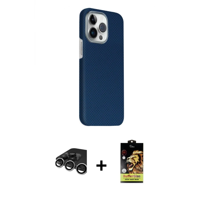 ieg™ iPhone 15 Pro Max Kılıf Kozmos Klasik Prime - Siyah Buffer Cam Ekran Koruyucu + Raze Metal Kamera Lens - GS