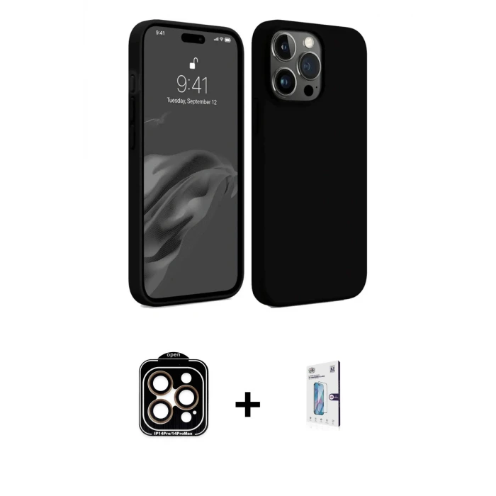 ieg™ iPhone 15 Pro Max Kılıf Kozmos Yansıma Özel Seri - Siyah Bilvis 0.18mm Plus Cam Ekran Koruyucu + PVD Metal Kamera Lens - TU