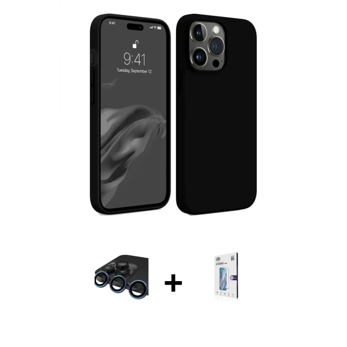 ieg™ iPhone 15 Pro Max Kılıf Kozmos Yansıma Özel Seri - Siyah Bilvis 0.18mm Plus Cam Ekran Koruyucu + Raze Metal Kamera Lens - LT