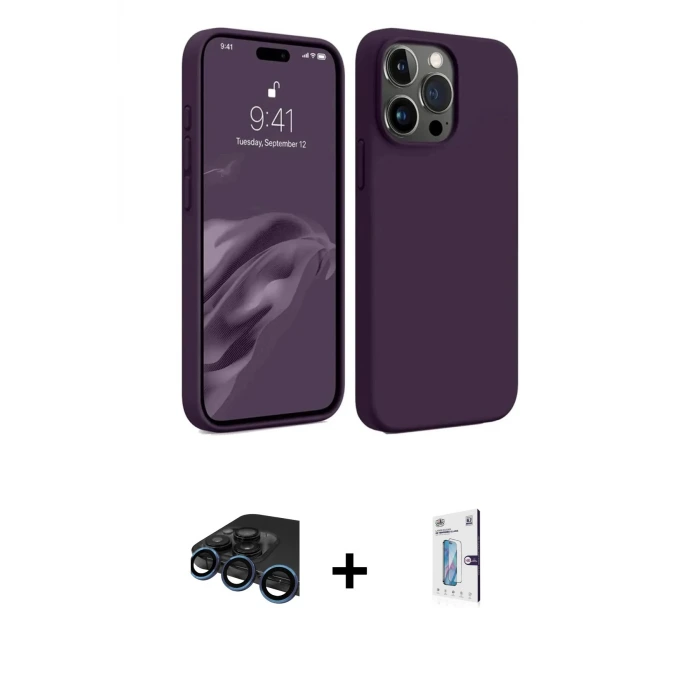 ieg™ iPhone 15 Pro Max Kılıf Kozmos Yansıma Özel Seri - Siyah Bilvis 0.18mm Plus Cam Ekran Koruyucu + Raze Metal Kamera Lens - LT