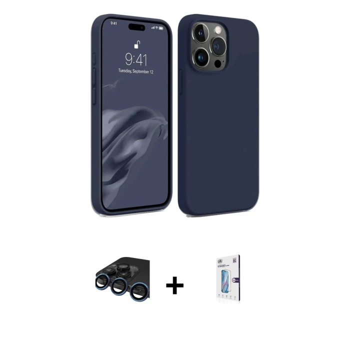 ieg™ iPhone 15 Pro Max Kılıf Kozmos Yansıma Özel Seri - Siyah Bilvis 0.18mm Plus Cam Ekran Koruyucu + Raze Metal Kamera Lens - LT