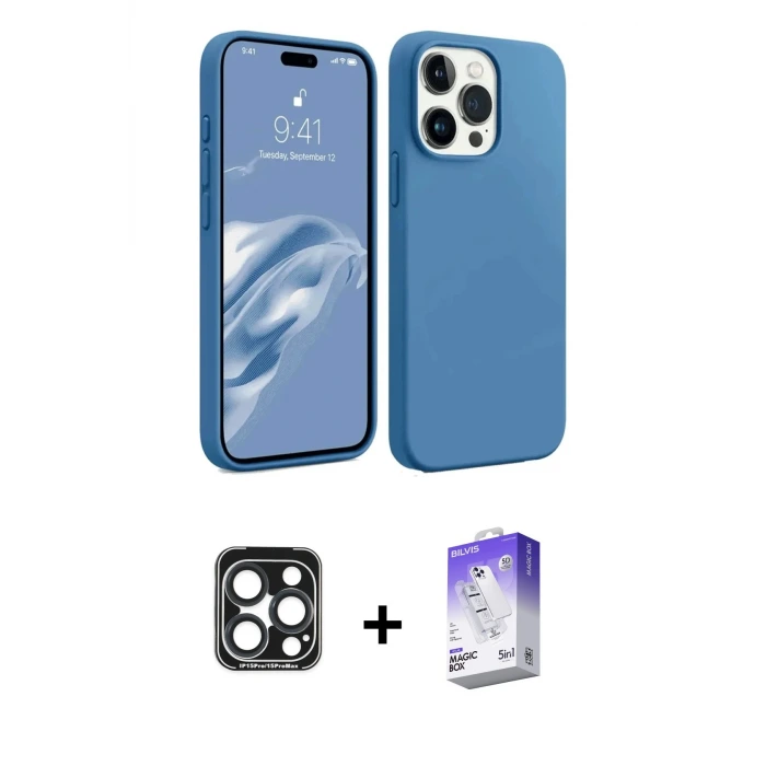 ieg™ iPhone 15 Pro Max Kılıf Kozmos Yansıma Özel Seri - Siyah Bilvis 5in1 3D Magic Cam Ekran Koruyucu + PVD Metal Kamera Lens - LT