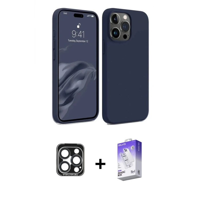 ieg™ iPhone 15 Pro Max Kılıf Kozmos Yansıma Özel Seri - Siyah Bilvis 5in1 3D Magic Cam Ekran Koruyucu + PVD Metal Kamera Lens - LT
