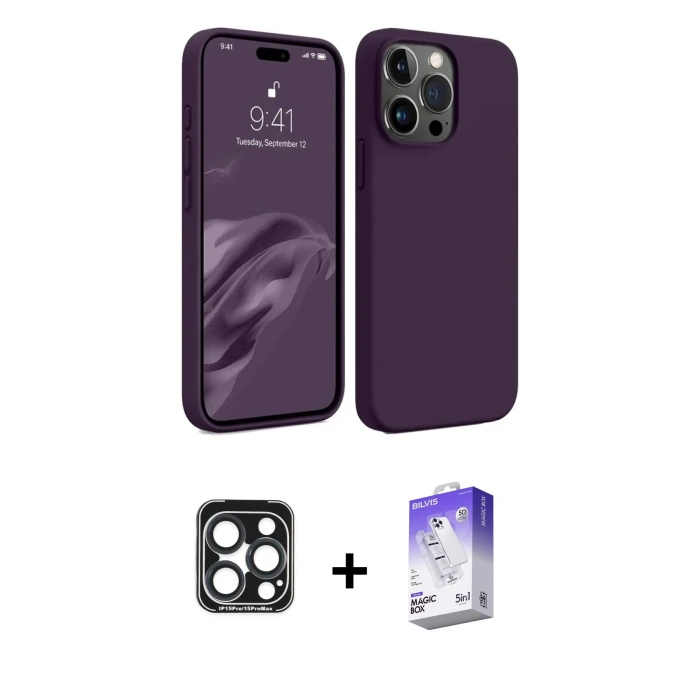ieg™ iPhone 15 Pro Max Kılıf Kozmos Yansıma Özel Seri - Siyah Bilvis 5in1 3D Magic Cam Ekran Koruyucu + PVD Metal Kamera Lens - LT