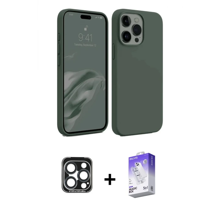 ieg™ iPhone 15 Pro Max Kılıf Kozmos Yansıma Özel Seri - Siyah Bilvis 5in1 3D Magic Cam Ekran Koruyucu + PVD Metal Kamera Lens - LT