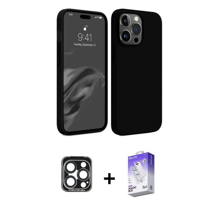 ieg™ iPhone 15 Pro Max Kılıf Kozmos Yansıma Özel Seri - Siyah Bilvis 5in1 3D Magic Cam Ekran Koruyucu + PVD Metal Kamera Lens - LT