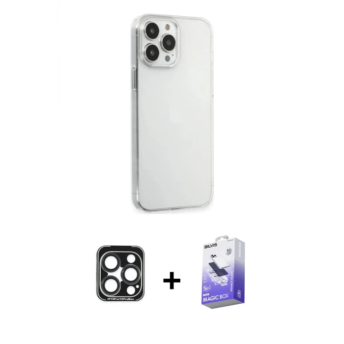 ieg™ iPhone 15 Pro Max Kılıf Kutup Doku Koleksiyonu - Siyah Bilvis 5in1 5D Magic Hayalet Cam Ekran Koruyucu + PVD Metal Kamera Lens - LT