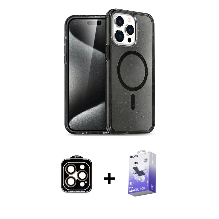 ieg™ iPhone 15 Pro Max Kılıf Nova Asil Prime - Siyah Bilvis 5in1 5D Magic Hayalet Cam Ekran Koruyucu + PVD Metal Kamera Lens - TU