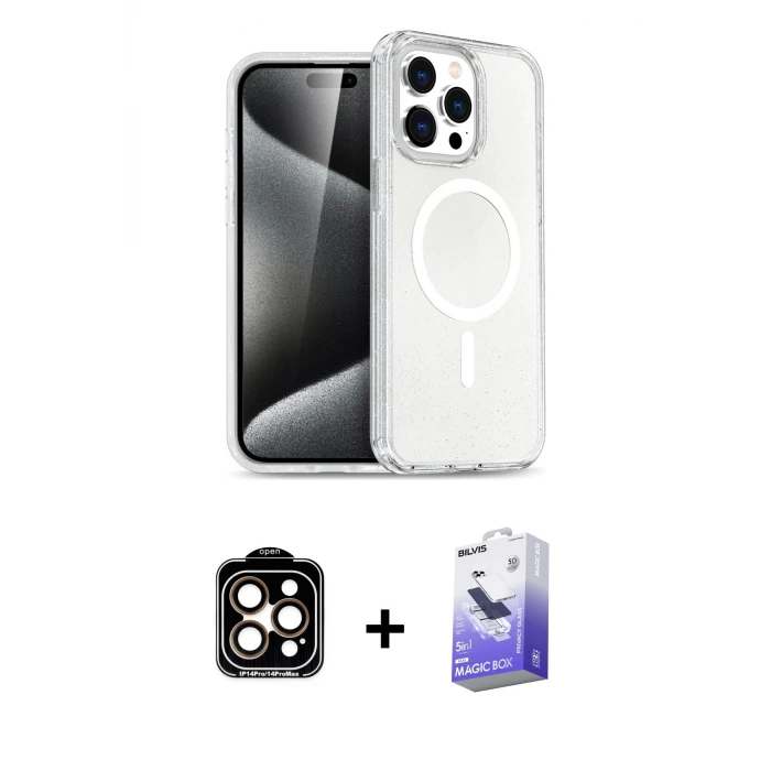 ieg™ iPhone 15 Pro Max Kılıf Nova Asil Prime - Siyah Bilvis 5in1 5D Magic Hayalet Cam Ekran Koruyucu + PVD Metal Kamera Lens - TU
