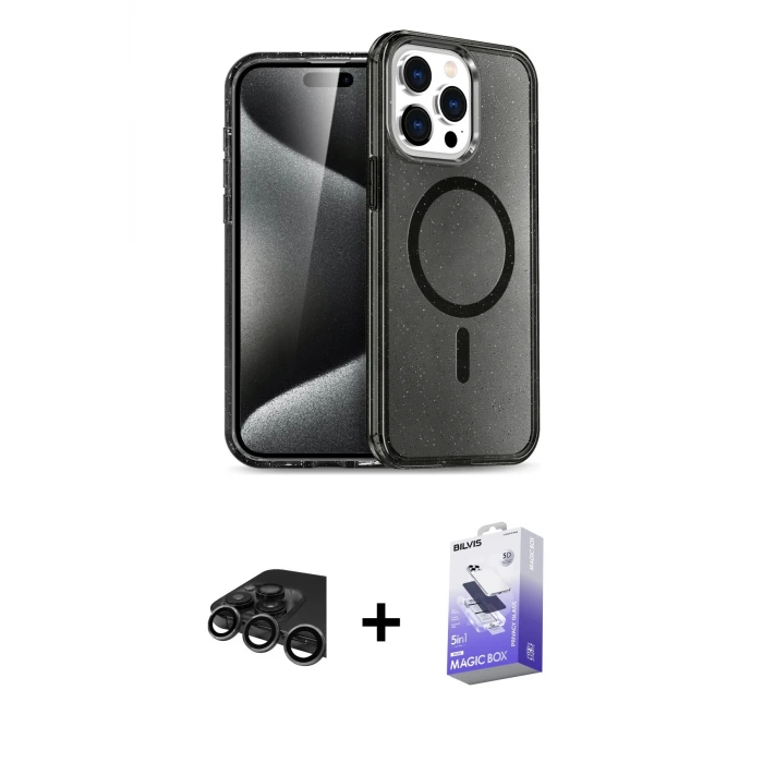 ieg™ iPhone 15 Pro Max Kılıf Nova Asil Prime - Siyah Bilvis 5in1 5D Magic Hayalet Cam Ekran Koruyucu + Raze Metal Kamera Lens - TMGI