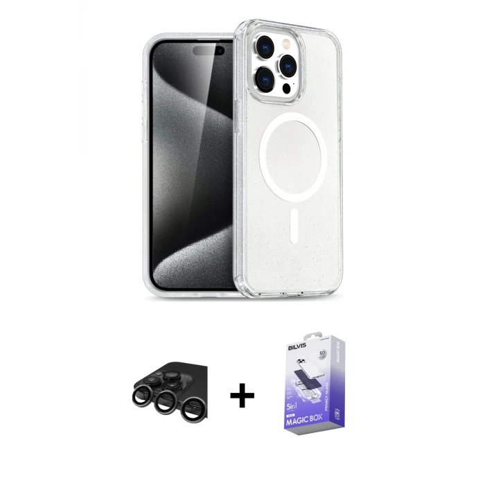 ieg™ iPhone 15 Pro Max Kılıf Nova Asil Prime - Siyah Bilvis 5in1 5D Magic Hayalet Cam Ekran Koruyucu + Raze Metal Kamera Lens - TMGI