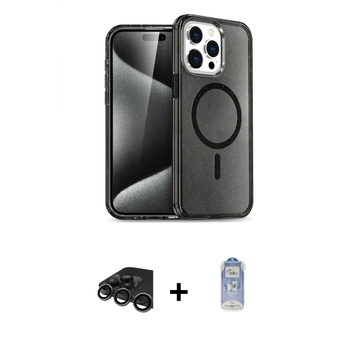 ieg™ iPhone 15 Pro Max Kılıf Nova Asil Prime - Siyah Joko Magic 5D Cam + Raze Metal Kamera Lens - TMGI