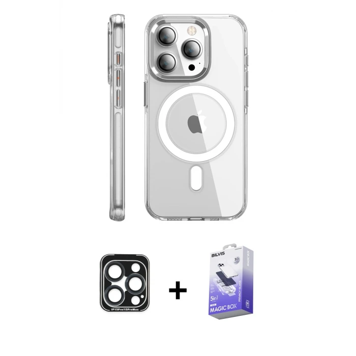 ieg™ iPhone 15 Pro Max Kılıf Nova Doku - Siyah Bilvis 5in1 5D Magic Hayalet Cam Ekran Koruyucu + PVD Metal Kamera Lens - LT