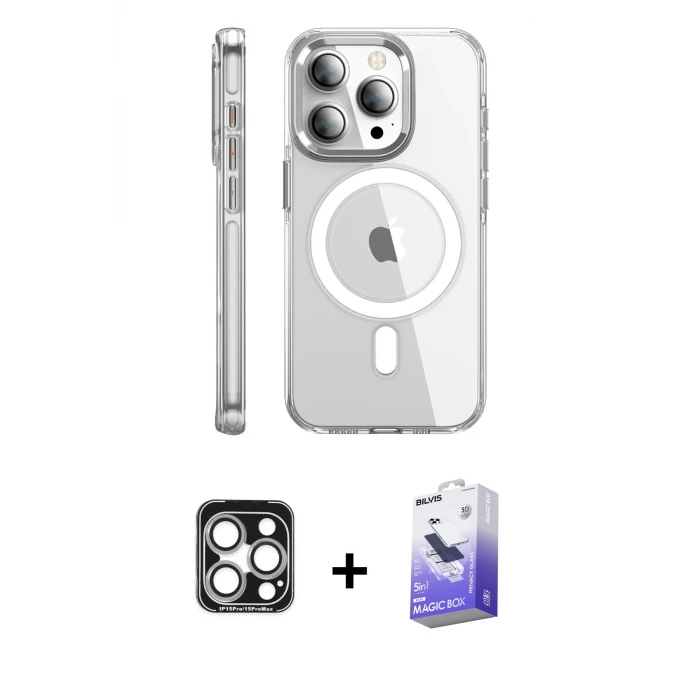 ieg™ iPhone 15 Pro Max Kılıf Nova Doku - Siyah Bilvis 5in1 5D Magic Hayalet Cam Ekran Koruyucu + PVD Metal Kamera Lens - GS