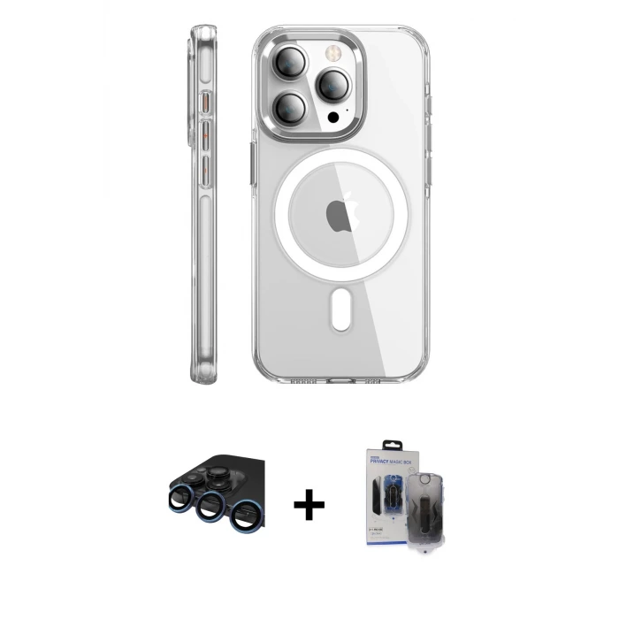 ieg™ iPhone 15 Pro Max Kılıf Nova Doku - Siyah Vanessa Magic Hayalet Cam + Raze Metal Kamera Lens - LT