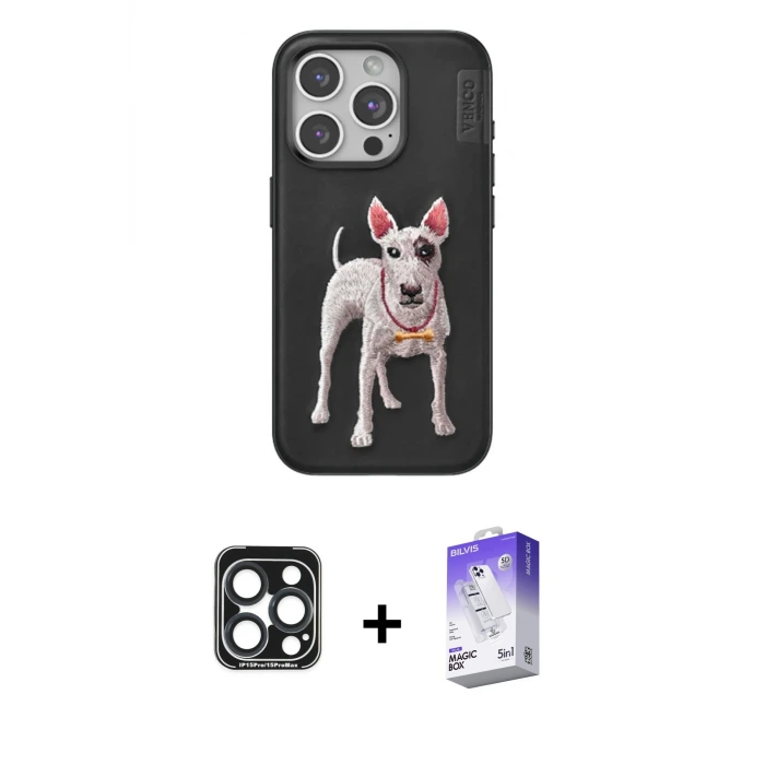 ieg™ iPhone 15 Pro Max Kılıf Nova Form Koleksiyonu - Siyah Bilvis 5in1 3D Magic Cam Ekran Koruyucu + PVD Metal Kamera Lens - LT