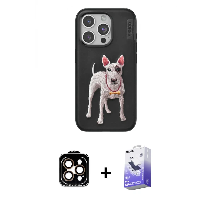 ieg™ iPhone 15 Pro Max Kılıf Nova Form Koleksiyonu - Siyah Bilvis 5in1 5D Magic Hayalet Cam Ekran Koruyucu + PVD Metal Kamera Lens - TU